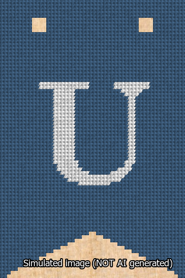 A simulated image of the stitched needlepoint design: Banner 13m Forked U White on Blue. Not A.I. generated.