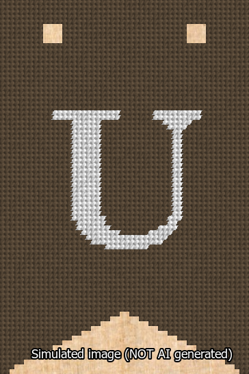 A simulated image of the stitched needlepoint design: Banner 13m Forked U White on Brown. Not A.I. generated.