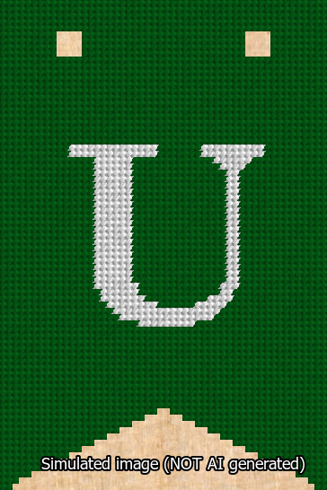 A simulated image of the stitched needlepoint design: Banner 13m Forked U White on Green. Not A.I. generated.