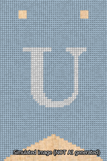 A simulated image of the stitched needlepoint design: Banner 13m Forked U White on Light Blue. Not A.I. generated.