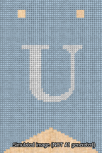 A simulated image of the stitched needlepoint design: Banner 13m Forked U White on Light Blue. Not A.I. generated.
