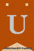 A simulated image of the stitched needlepoint design: Banner 13m Forked U White on Orange. Not A.I. generated.