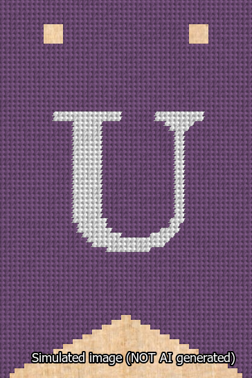 A simulated image of the stitched needlepoint design: Banner 13m Forked U White on Purple. Not A.I. generated.