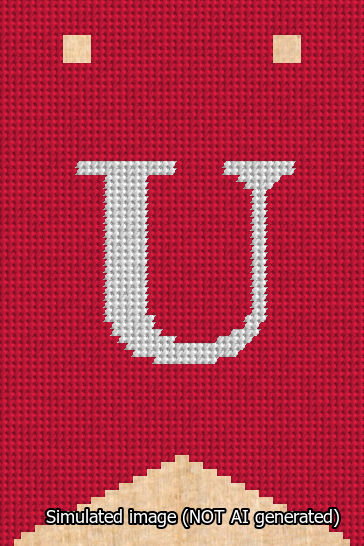 A simulated image of the stitched needlepoint design: Banner 13m Forked U White on Red. Not A.I. generated.