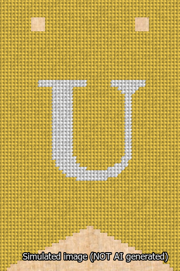 A simulated image of the stitched needlepoint design: Banner 13m Forked U White on Yellow. Not A.I. generated.