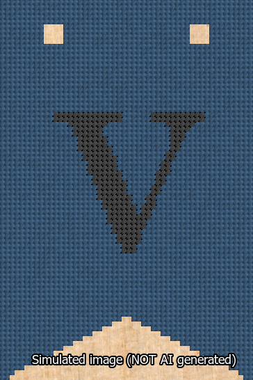 A simulated image of the stitched needlepoint design: Banner 13m Forked V Black on Blue. Not A.I. generated.