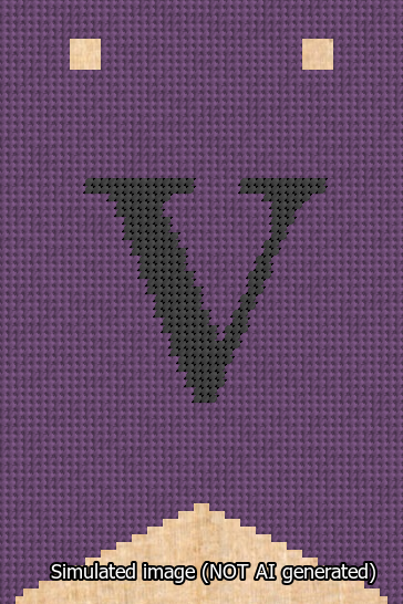 A simulated image of the stitched needlepoint design: Banner 13m Forked V Black on Purple. Not A.I. generated.
