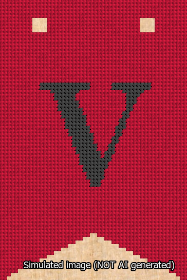 A simulated image of the stitched needlepoint design: Banner 13m Forked V Black on Red. Not A.I. generated.