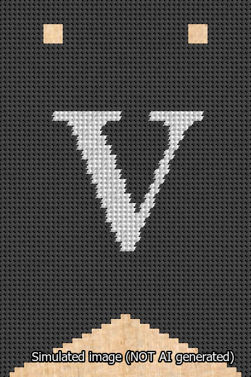A simulated image of the stitched needlepoint design: Banner 13m Forked V White on Black. Not A.I. generated.