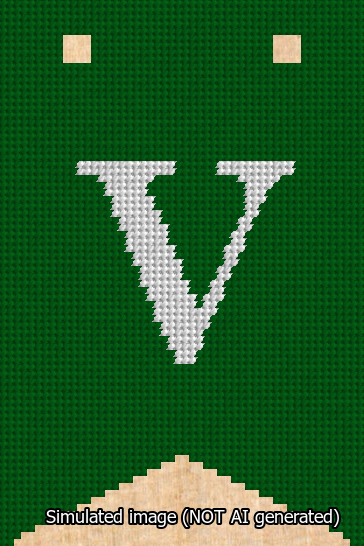 A simulated image of the stitched needlepoint design: Banner 13m Forked V White on Green. Not A.I. generated.