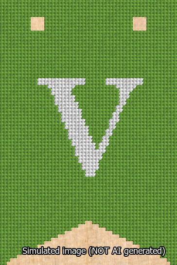 A simulated image of the stitched needlepoint design: Banner 13m Forked V White on Light Green. Not A.I. generated.