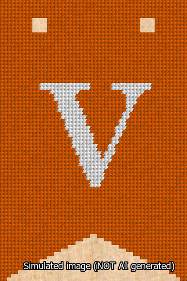 A simulated image of the stitched needlepoint design: Banner 13m Forked V White on Orange. Not A.I. generated.