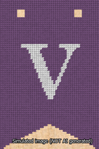 A simulated image of the stitched needlepoint design: Banner 13m Forked V White on Purple. Not A.I. generated.