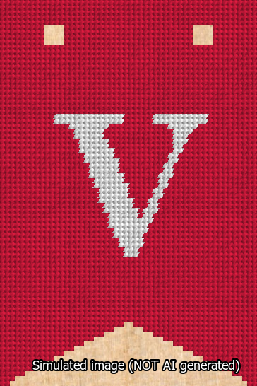 A simulated image of the stitched needlepoint design: Banner 13m Forked V White on Red. Not A.I. generated.
