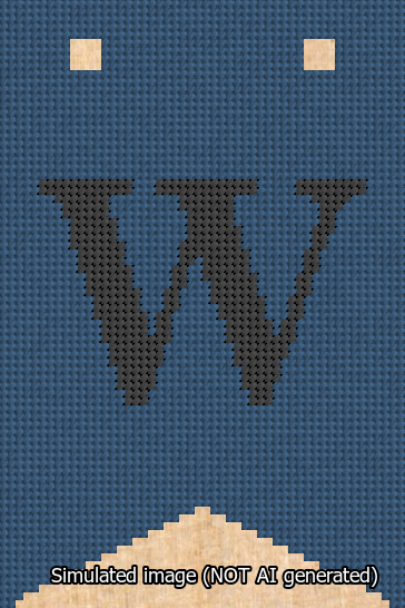 A simulated image of the stitched needlepoint design: Banner 13m Forked W Black on Blue. Not A.I. generated.