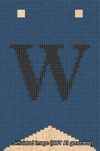 A simulated image of the stitched needlepoint design: Banner 13m Forked W Black on Blue. Not A.I. generated.