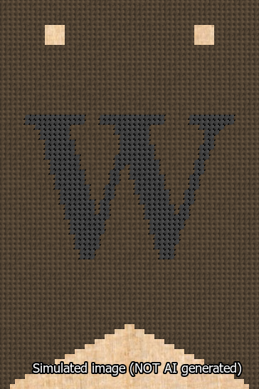 A simulated image of the stitched needlepoint design: Banner 13m Forked W Black on Brown. Not A.I. generated.