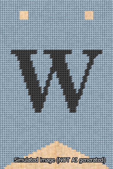 A simulated image of the stitched needlepoint design: Banner 13m Forked W Black on Light Blue. Not A.I. generated.