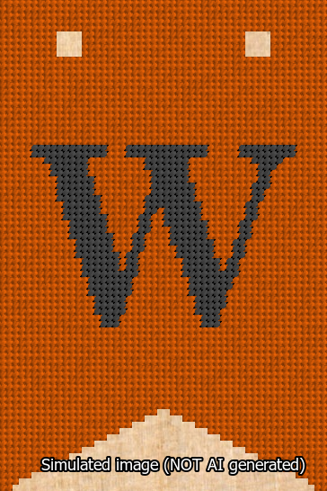 A simulated image of the stitched needlepoint design: Banner 13m Forked W Black on Orange. Not A.I. generated.