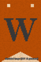 A simulated image of the stitched needlepoint design: Banner 13m Forked W Black on Orange. Not A.I. generated.