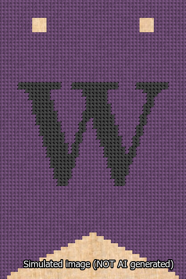 A simulated image of the stitched needlepoint design: Banner 13m Forked W Black on Purple. Not A.I. generated.