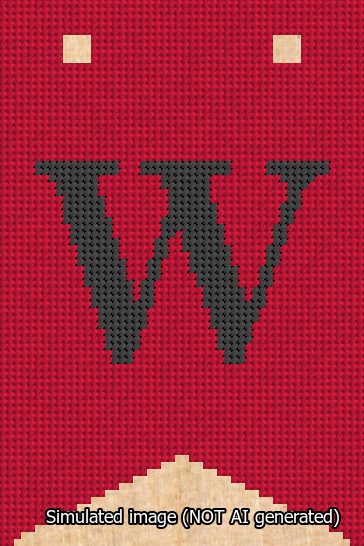 A simulated image of the stitched needlepoint design: Banner 13m Forked W Black on Red. Not A.I. generated.