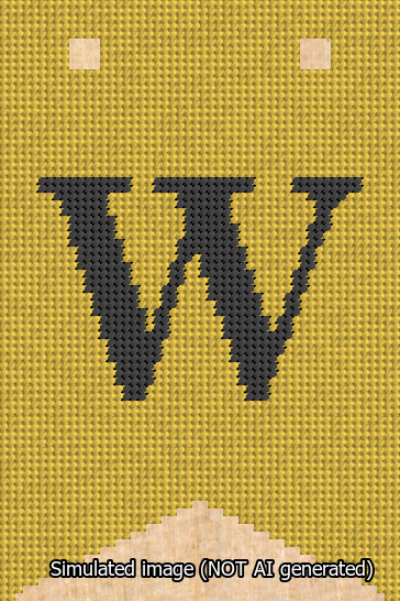 A simulated image of the stitched needlepoint design: Banner 13m Forked W Black on Yellow. Not A.I. generated.