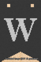 A simulated image of the stitched needlepoint design: Banner 13m Forked W White on Black. Not A.I. generated.