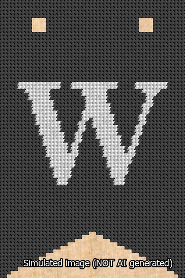 A simulated image of the stitched needlepoint design: Banner 13m Forked W White on Black. Not A.I. generated.