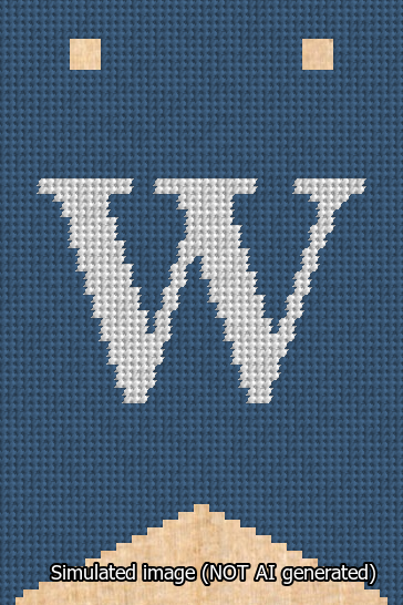 A simulated image of the stitched needlepoint design: Banner 13m Forked W White on Blue. Not A.I. generated.