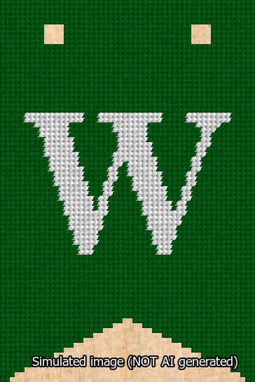 A simulated image of the stitched needlepoint design: Banner 13m Forked W White on Green. Not A.I. generated.
