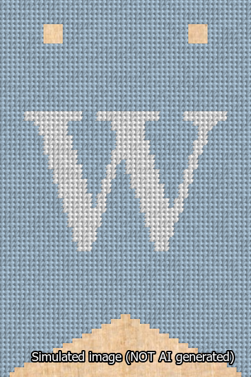 A simulated image of the stitched needlepoint design: Banner 13m Forked W White on Light Blue. Not A.I. generated.