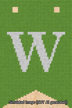 A simulated image of the stitched needlepoint design: Banner 13m Forked W White on Light Green. Not A.I. generated.