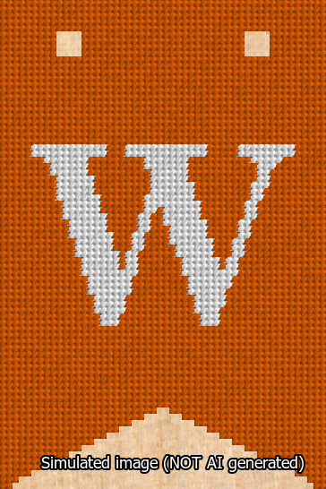 A simulated image of the stitched needlepoint design: Banner 13m Forked W White on Orange. Not A.I. generated.