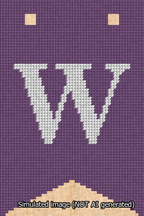 A simulated image of the stitched needlepoint design: Banner 13m Forked W White on Purple. Not A.I. generated.