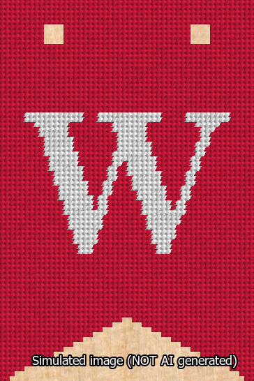 A simulated image of the stitched needlepoint design: Banner 13m Forked W White on Red. Not A.I. generated.