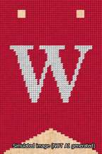 A simulated image of the stitched needlepoint design: Banner 13m Forked W White on Red. Not A.I. generated.