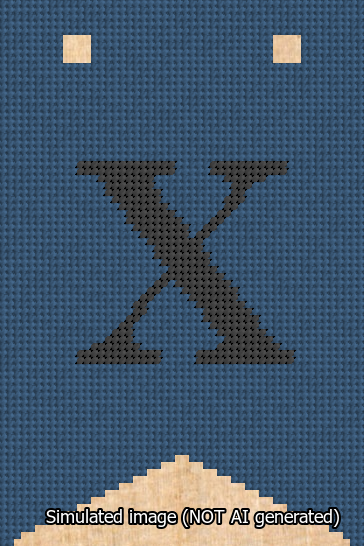 A simulated image of the stitched needlepoint design: Banner 13m Forked X Black on Blue. Not A.I. generated.