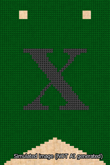 A simulated image of the stitched needlepoint design: Banner 13m Forked X Black on Green. Not A.I. generated.