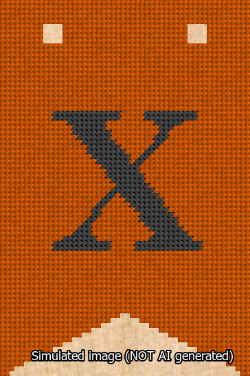 A simulated image of the stitched needlepoint design: Banner 13m Forked X Black on Orange. Not A.I. generated.