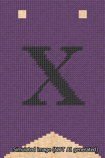 A simulated image of the stitched needlepoint design: Banner 13m Forked X Black on Purple. Not A.I. generated.