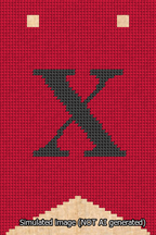 A simulated image of the stitched needlepoint design: Banner 13m Forked X Black on Red. Not A.I. generated.