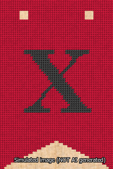 A simulated image of the stitched needlepoint design: Banner 13m Forked X Black on Red. Not A.I. generated.