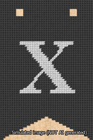 A simulated image of the stitched needlepoint design: Banner 13m Forked X White on Black. Not A.I. generated.