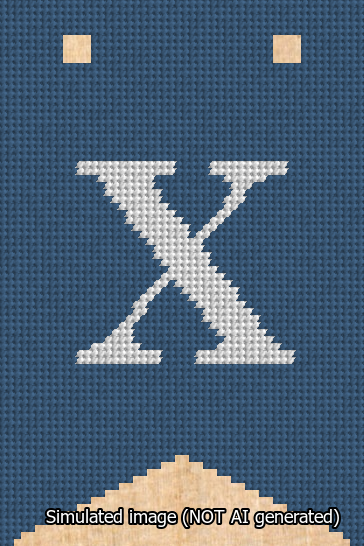 A simulated image of the stitched needlepoint design: Banner 13m Forked X White on Blue. Not A.I. generated.