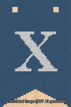 A simulated image of the stitched needlepoint design: Banner 13m Forked X White on Blue. Not A.I. generated.