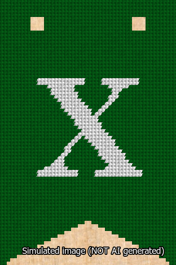 A simulated image of the stitched needlepoint design: Banner 13m Forked X White on Green. Not A.I. generated.