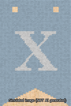 A simulated image of the stitched needlepoint design: Banner 13m Forked X White on Light Blue. Not A.I. generated.
