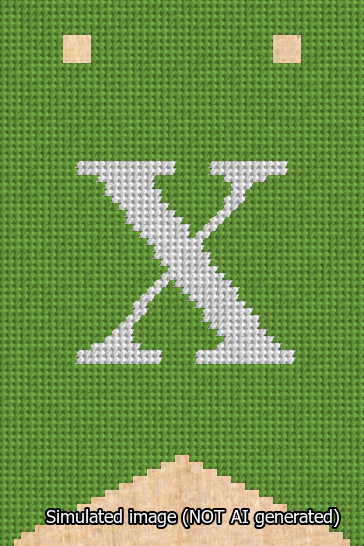 A simulated image of the stitched needlepoint design: Banner 13m Forked X White on Light Green. Not A.I. generated.