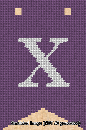 A simulated image of the stitched needlepoint design: Banner 13m Forked X White on Purple. Not A.I. generated.
